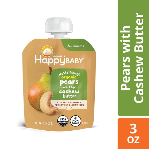 Happy Baby Nutty Blends, Stage 2 Organic Baby Food, Pears & Cashew Butter, 3 oz Pouch