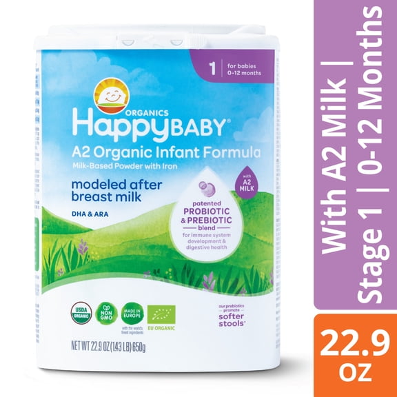 Happy Baby Organics Stage 1 A2 Organic Infant Formula with Probiotic & Prebiotic Blend, 22.9 oz Container Unit