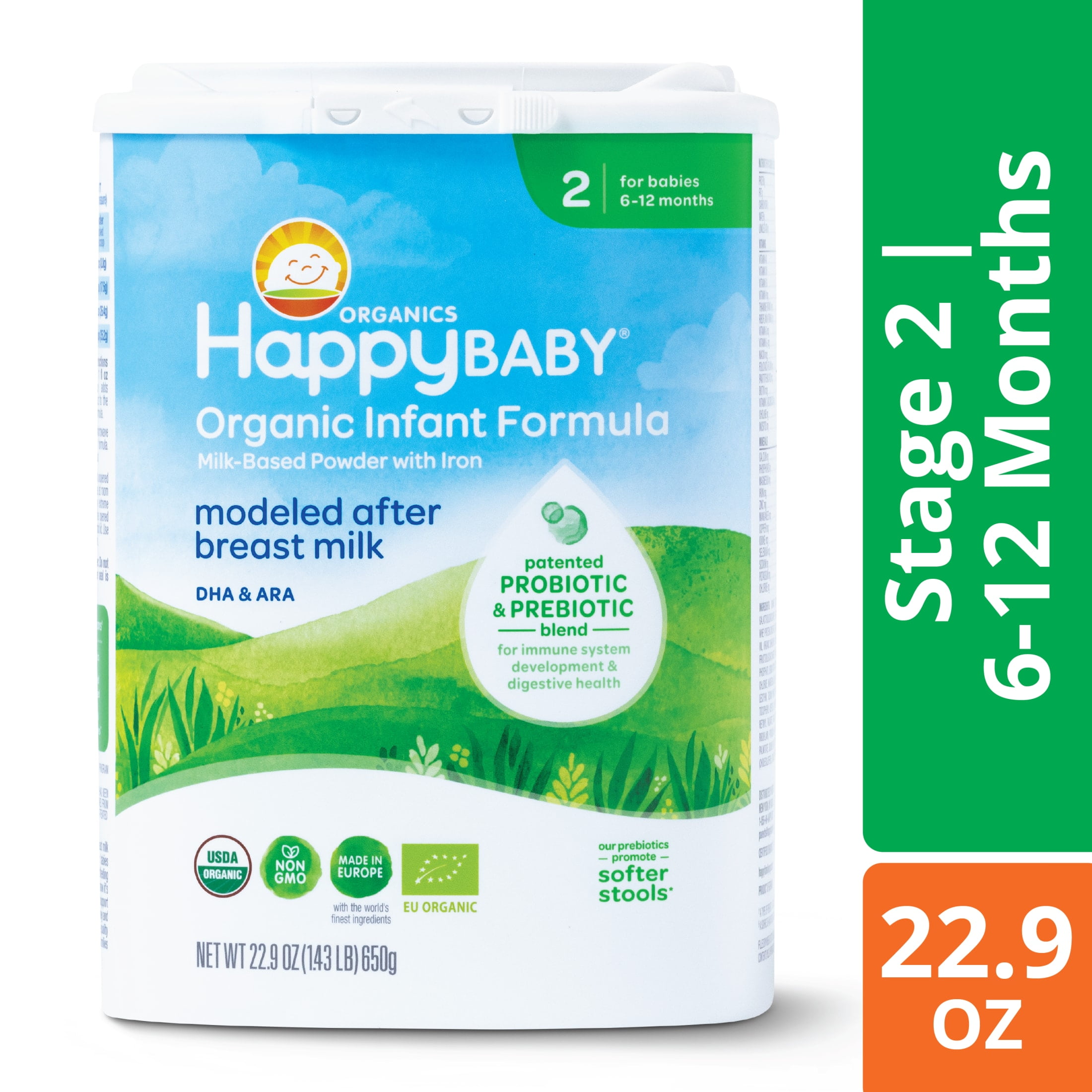 Happy Baby Organics Stage 2 Organic Infant Formula with Probiotic & Prebiotic Blend, 22.9 OZ Container UNIT