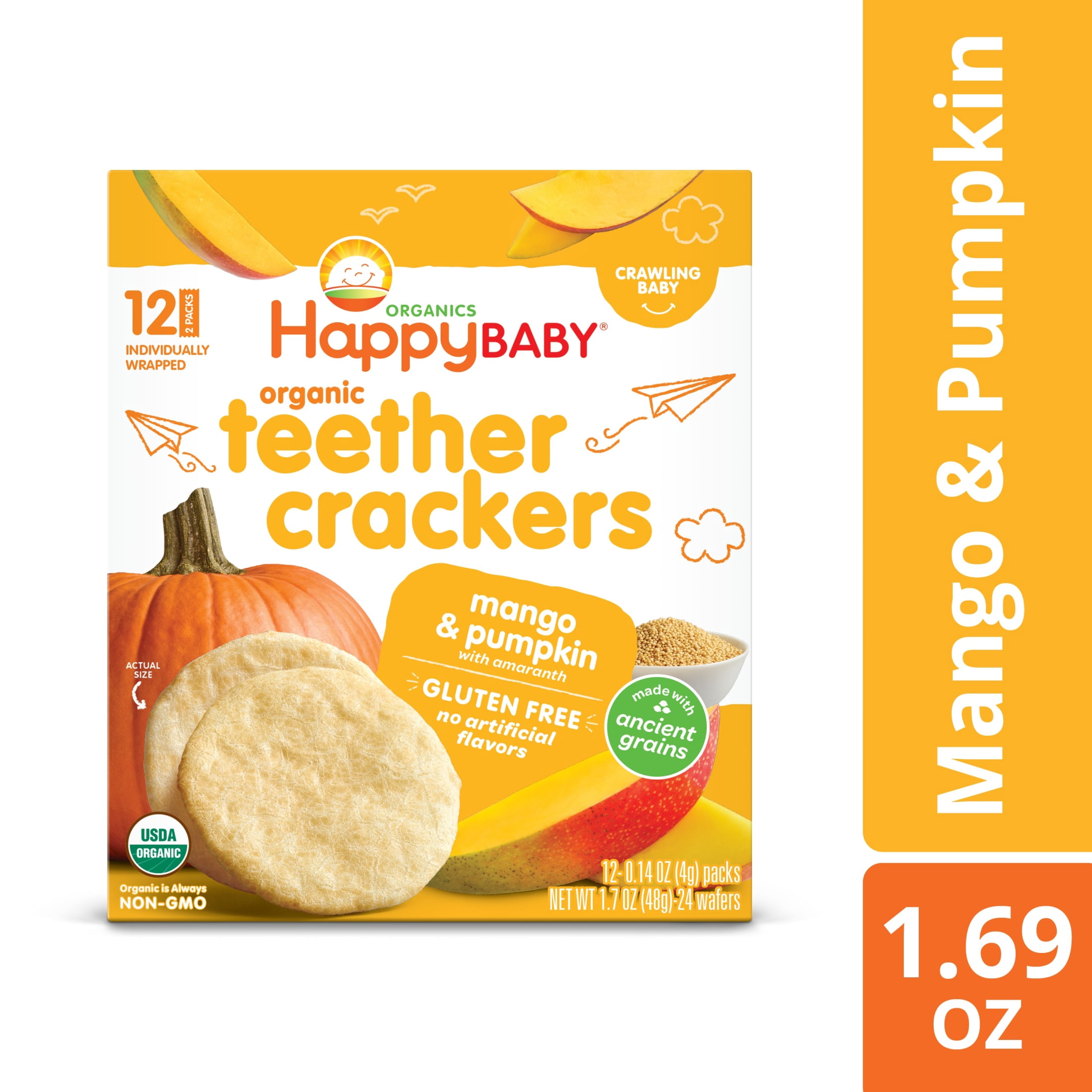 Happy Baby Organics Teether Crackers, Mango & Pumpkin Organic Gluten Free Teething Snack, Box of 12-2packs (24 wafers)