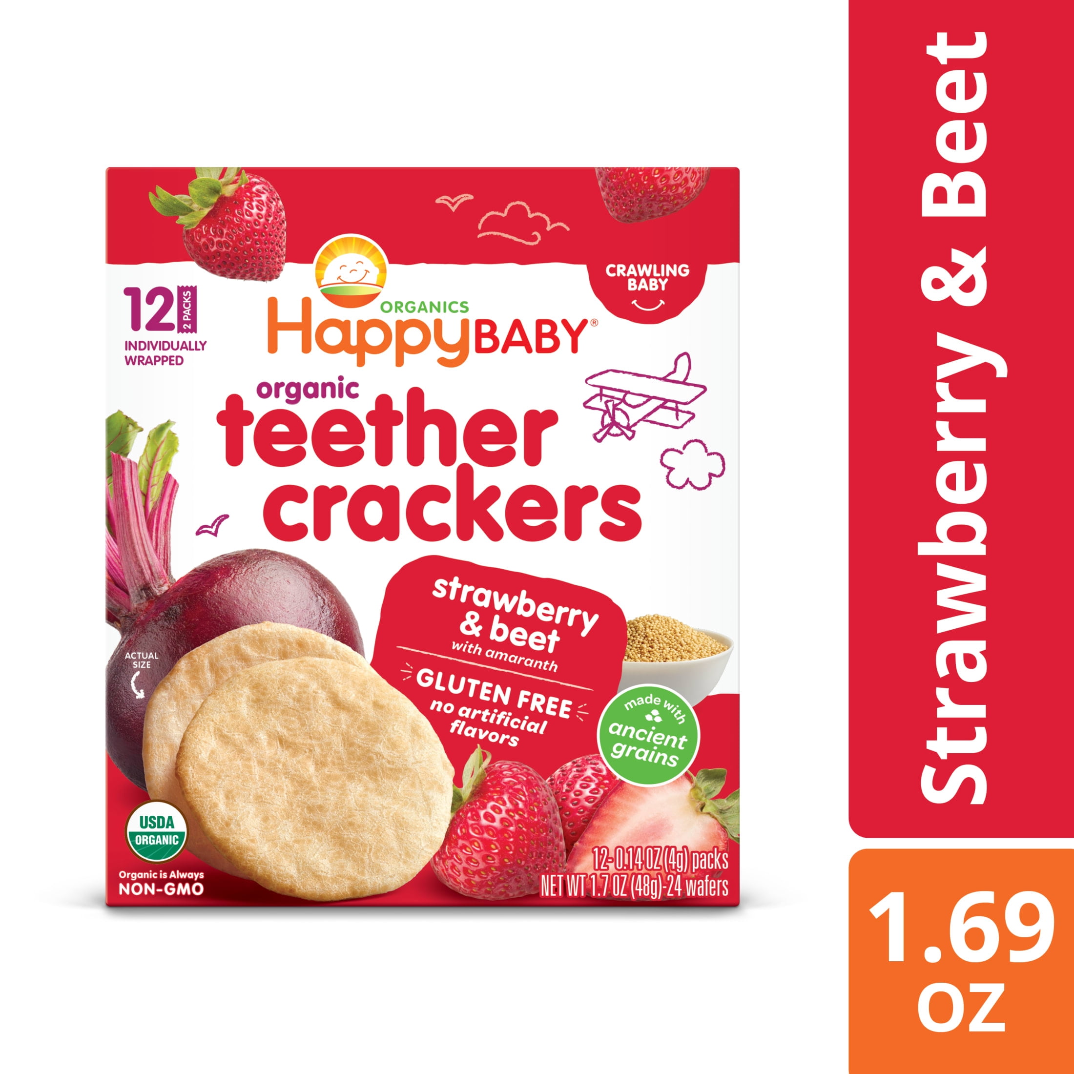 Happy Baby Organics Teether Crackers, Strawberry & Beet Organic Gluten Free Teething Snack, Box of 12-2packs (24 wafers)