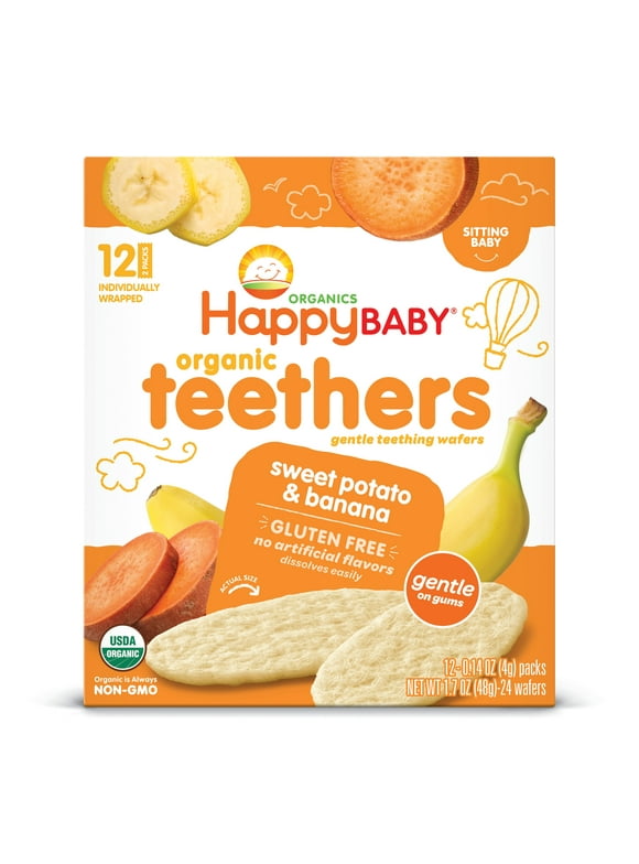 Happy Baby Organics Teethers, Sweet Potato & Banana Organic Gluten Free Gentle Teething Wafers, Box of 12-2packs (24 wafers)