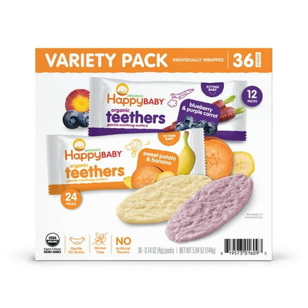 Happy Baby Organics Teethers Variety Pack, Sweet Potato & Banana and Blueberry & Purple Carrot Gentle Teething Wafers, Gluten Free, 36 Count 2-Packs