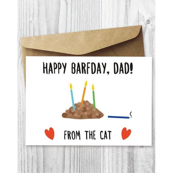 Happy Barfday Card for Dad Funny Cat Design with Cake Blank Inside, Envelope Included Perfect Birthday Card from Your Feline Friend