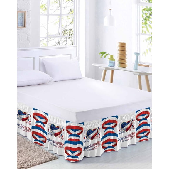 Happy Bastille Day Bed Skirt Queen Size 16 Inch Drop, Love Heart Flag French National Day Adjustable Elastic Dust Ruffles Bedskirt for Queen Bed Wrap Around Pleated Mattress Frame Cover