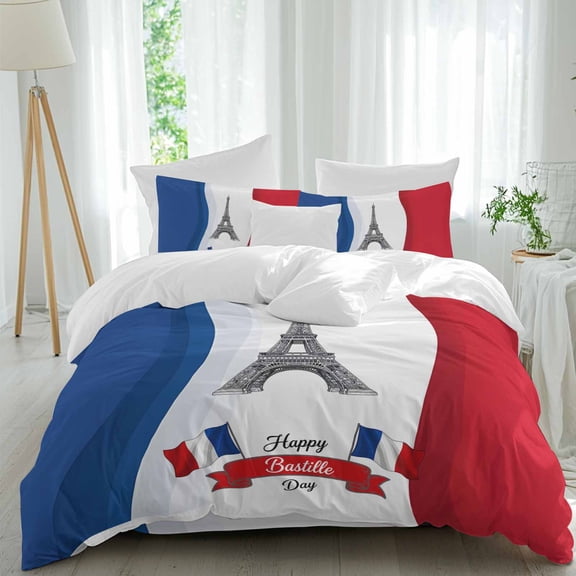 Happy Bastille Day Comforter Set Full Size, Eiffel Tower Flag French National Day Soft Bedding Set for Man Woman, 4 Pieces Duvet Cover Set with Fitted Sheet, 2 Pillowcases