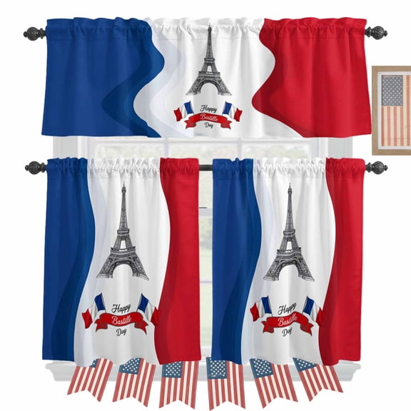 Happy Bastille Day Kitchen Curtains Valances 3 Piece Set, Eiffel Tower Flag French National Day Rod Pocket Tier Curtain and Valance Drapes for Small Window 24 Inch Length for Bedroom Cafe