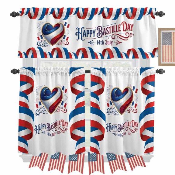 Happy Bastille Day Kitchen Curtains Valances 3 Piece Set, Love Heart Flag French National Day Rod Pocket Tier Curtain and Valance Drapes for Small Window 36 Inch Length for Bedroom Cafe