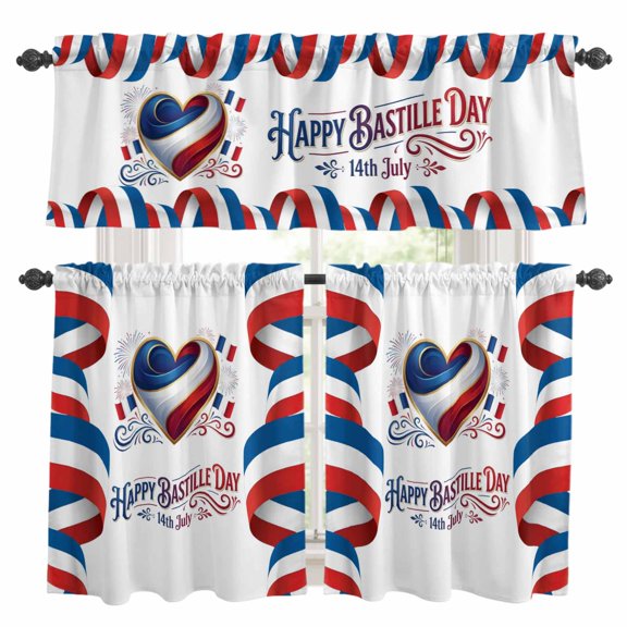 Happy Bastille Day Kitchen Curtains Valances and Tiers Set of 3 Love Heart Flag French National Day Tier Curtains and Valance with Rod Pocket for Small Windows, 27.5"x24"