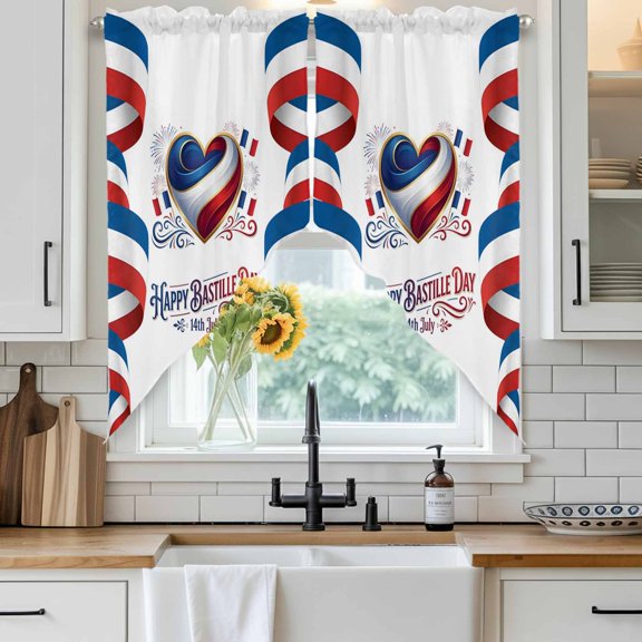 Happy Bastille Day Swag Curtain Valance for Windows, Love Heart Flag French National Day Window Treatments Short Swag Topper for Kitchen Windows Bathroom Bedroom, 28"x36"