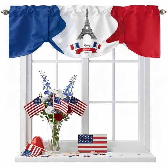 Happy Bastille Day Tie Up Valances Curtain, Adjustable Kitchen Eiffel Tower Flag French National Day Valances for Windows Decor, Rod Pocket Short Curtains Set for Bedroom/Bathroom, 42"x12"