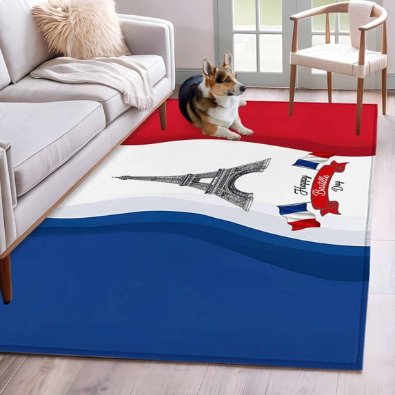 Happy Bastille Day Washable Area Rugs 3'x5', Eiffel Tower Flag French National Day Low Pile Throw Living Room Rug Non-Slip Sturdy Edge Binding Carpet for Indoor Entryway Bedside Kitchen