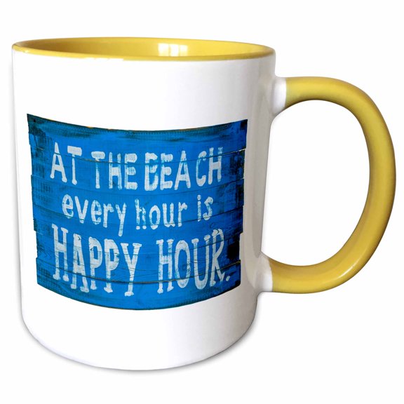 3drose, Happy Beach Hours Sign on Wood, White Background, 11oz Two-tone Yellow Mug