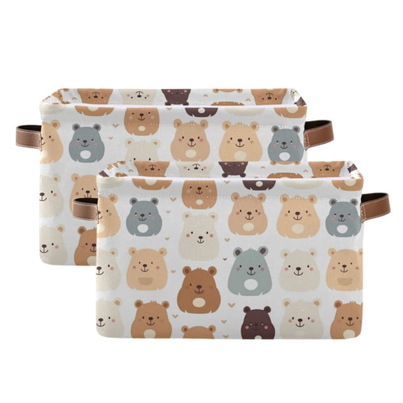 Happy Bear Faces Storage Bins with Handle Fabric Organizer Basket Foldable Box 2 Pack 14.2x10.2x8.3