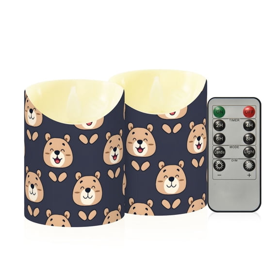 Happy Bear Pattern Flameless Candles 2 PCS with Remote Realistic Moving Flame LED Tapered Pillar Set for Home Decor