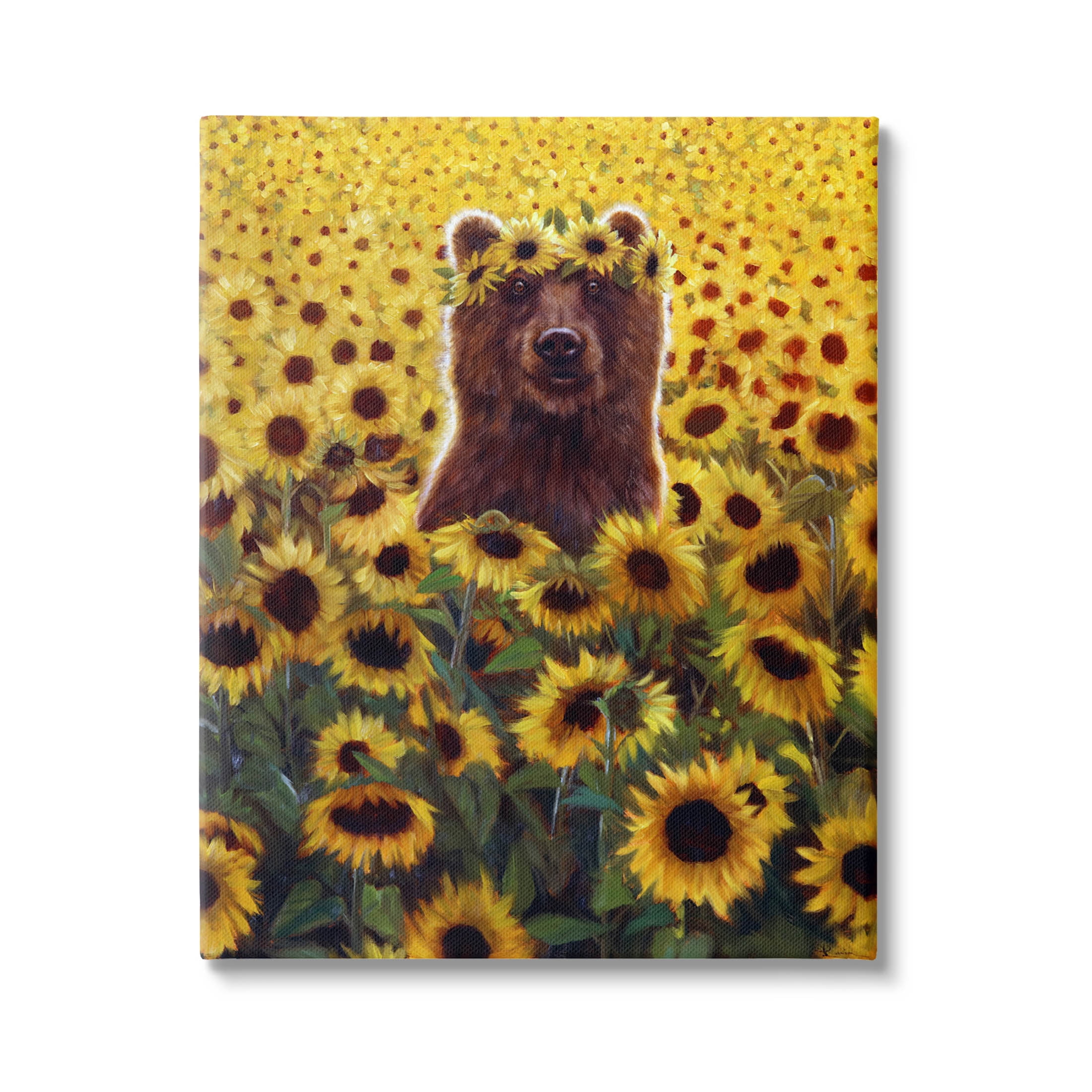 Happy Bear Sunflower Field Animals & Insects Painting Gallery Wrapped Canvas Print Wall Art