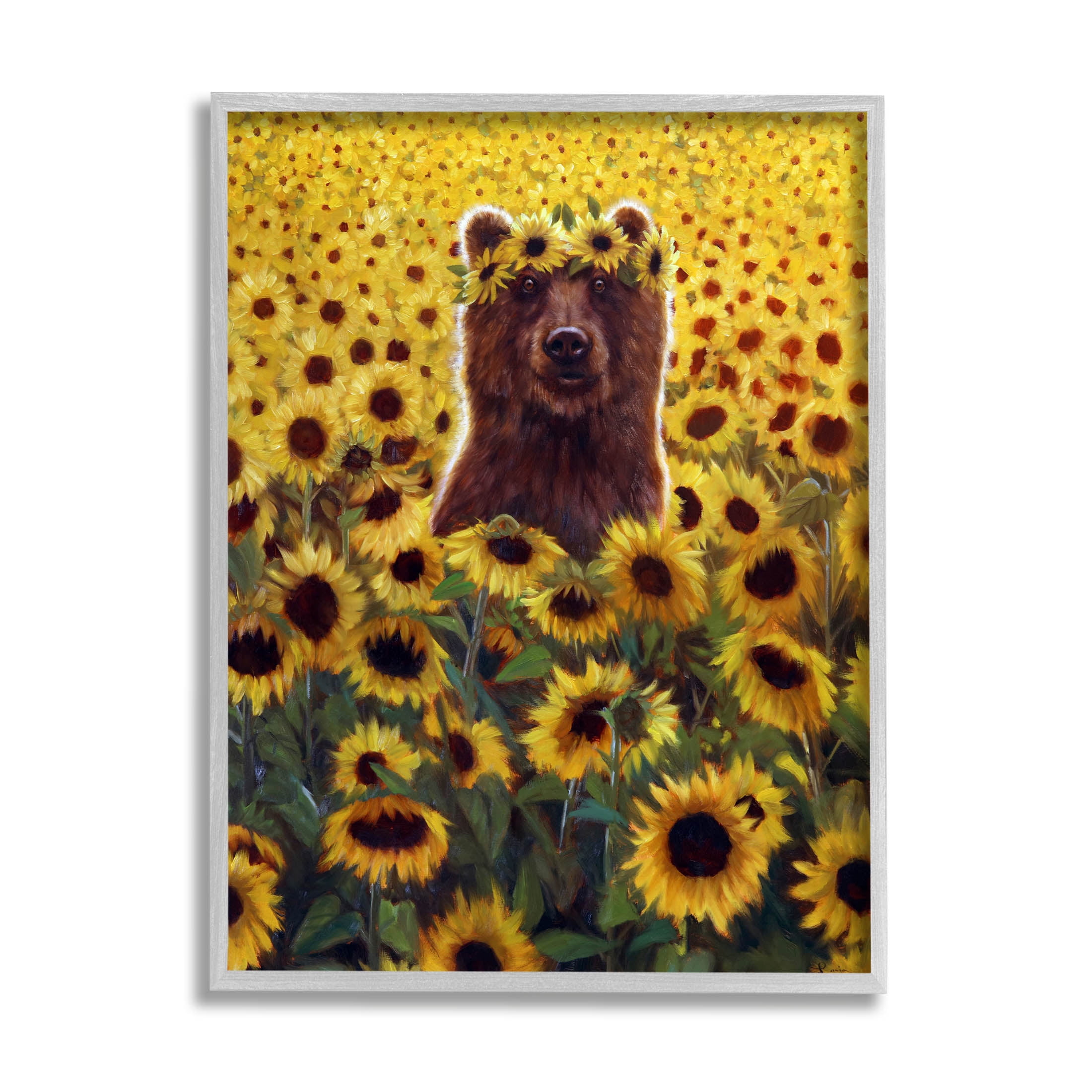Happy Bear Sunflower Field Animals & Insects Painting Gray Framed Art Print Wall Art