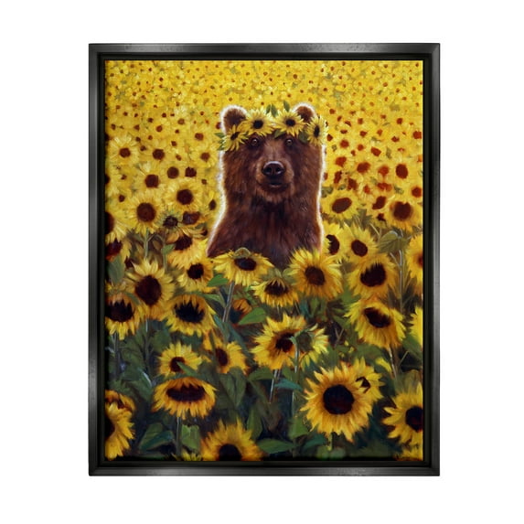 Happy Bear Sunflower Field Animals & Insects Painting Jet Black Framed Art Print Wall Art