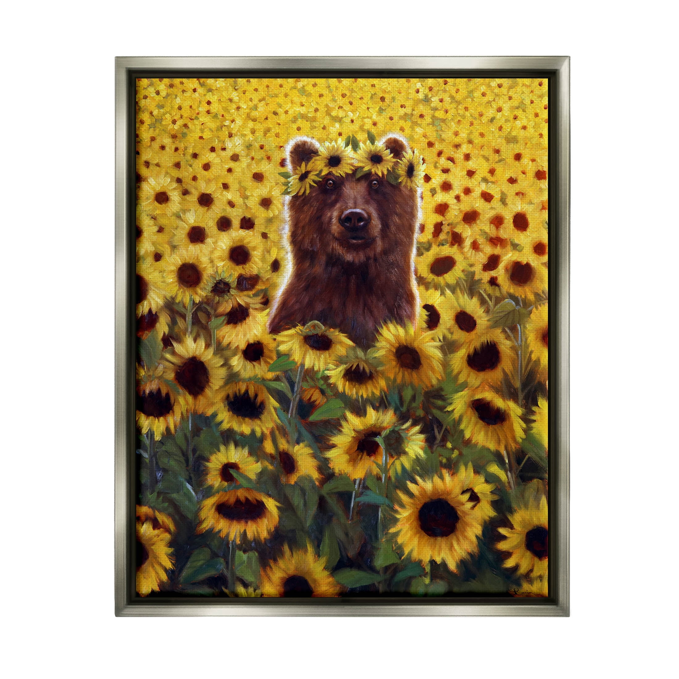 Happy Bear Sunflower Field Animals & Insects Painting Luster Gray Framed Art Print Wall Art