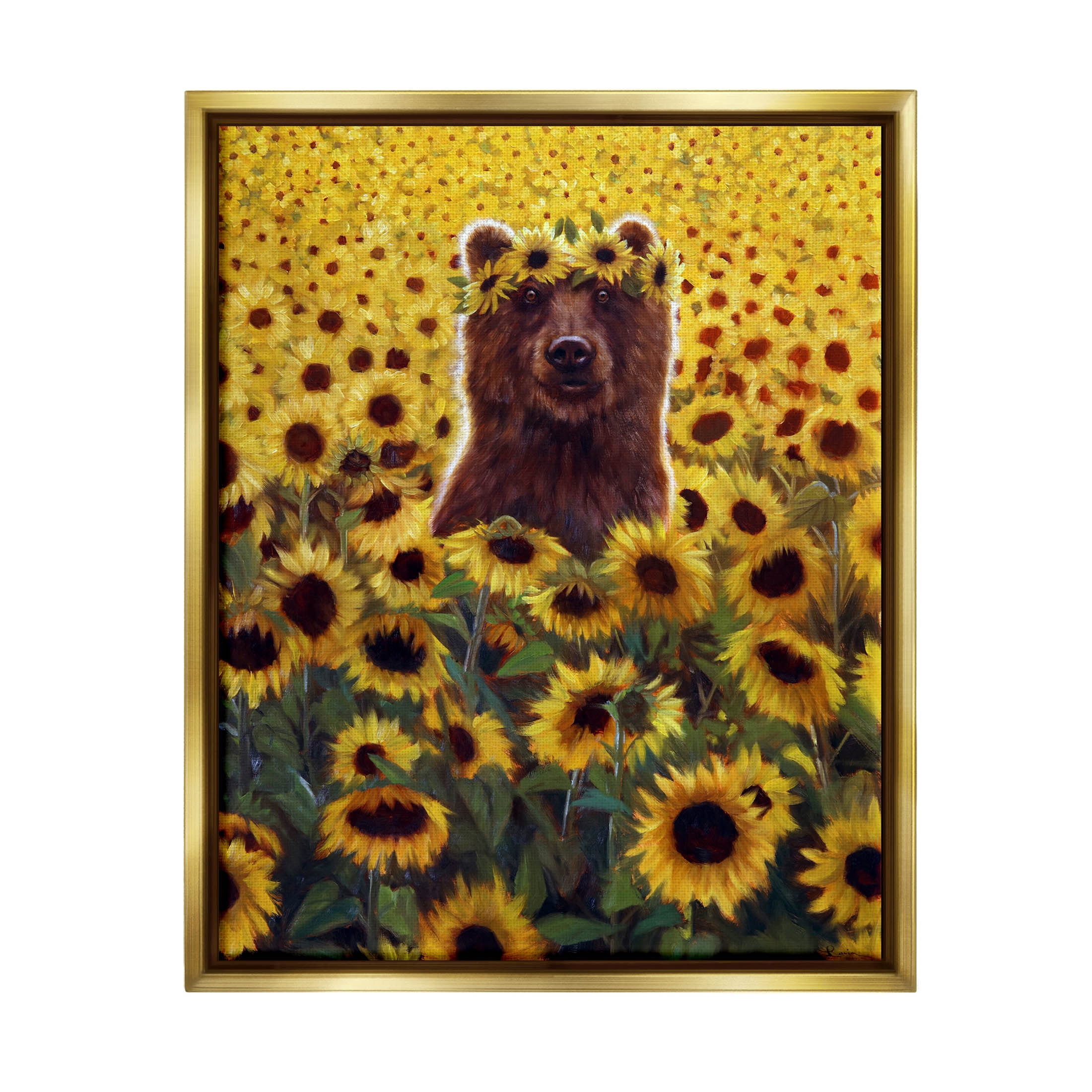 Happy Bear Sunflower Field Animals & Insects Painting Metallic Gold Framed Art Print Wall Art