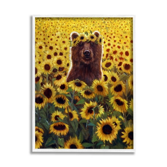 Happy Bear Sunflower Field Animals & Insects Painting White Framed Art Print Wall Art