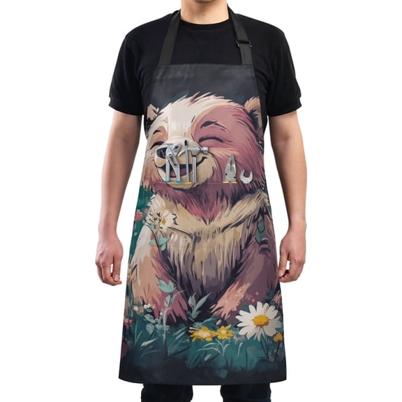 Happy Bear in Flower Field Chef Kitchen Apron with Pockets for Women Waterproof Aprons for Cooking Baking
