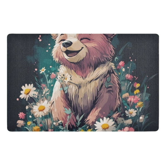 Happy Bear in Flower Field Floor Door Mat Outdoor Indoor for Home Entrance Welcome Mats 32"x20"