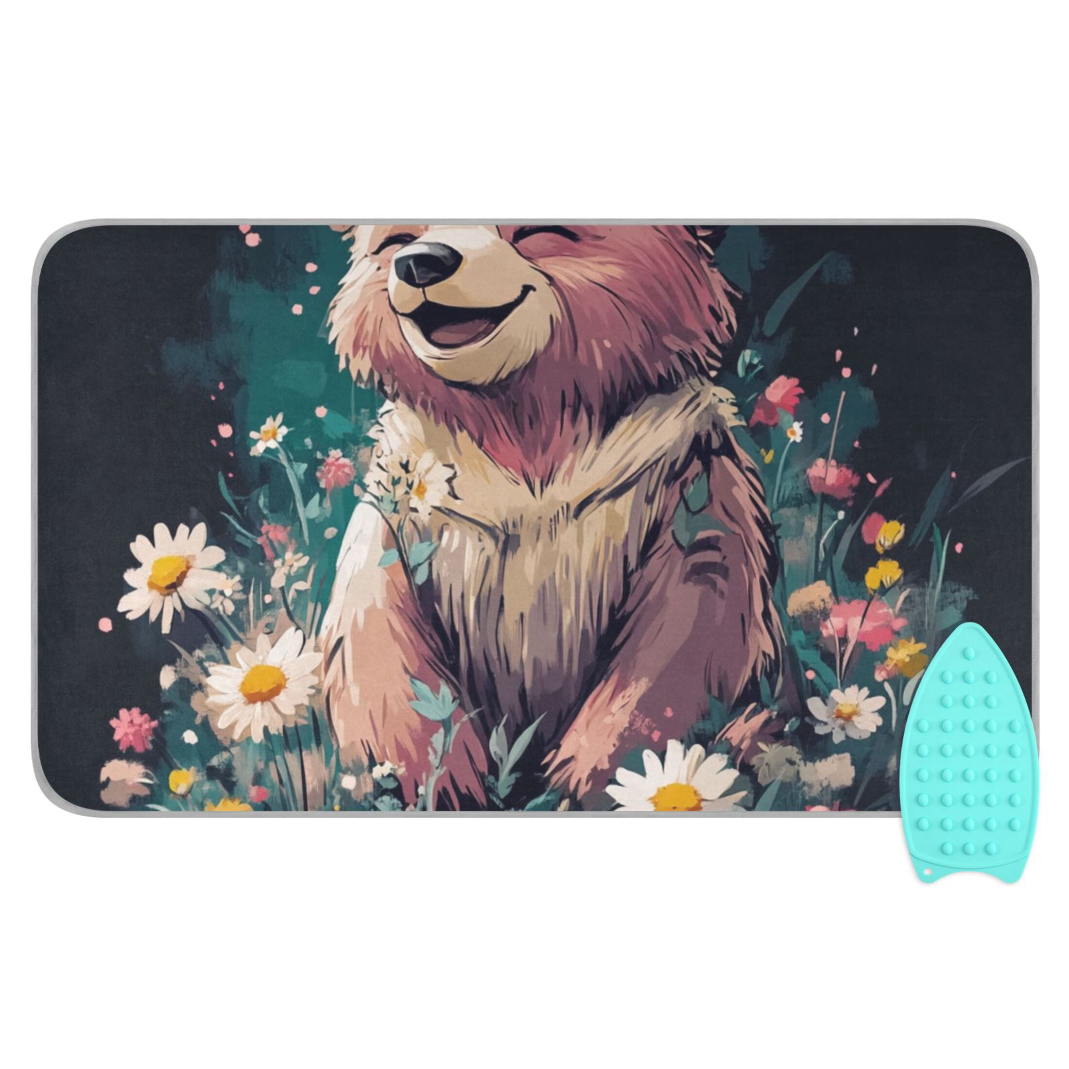 Happy Bear in Flower Field Ironing Mat Blanket for Table Top Travel Portable Ironing Board Pad 47.2x27.6 Inch