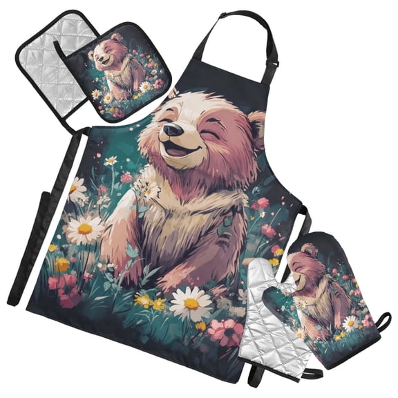 Happy Bear in Flower Field Oven Mitts and Pot Holders with Chef Apron Set 5 Pcs Kitchen Cooking Set