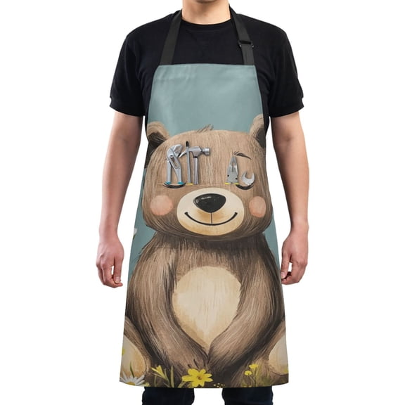 Happy Bear in Flowers Chef Kitchen Apron with Pockets for Women Waterproof Aprons for Cooking Baking