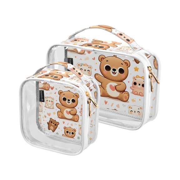 Happy Bears Clear Cosmetic Bags with Handles PVC Toiletry Bags Zipper Waterproof Portable for Traveling 2 Pcs