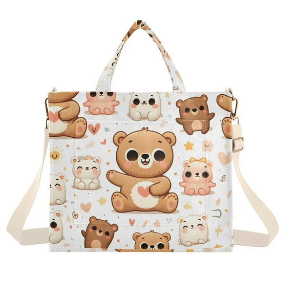 Happy Bears Corduroy Tote Bag Handbag Large Messenger Bag Shoulder Crossbody Zipper Bag Purse