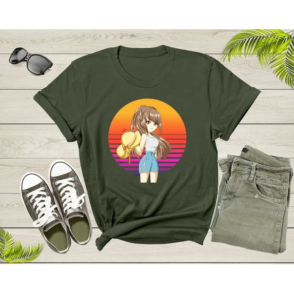Happy Beautiful Japanese Anime Girl with Hat Manga Drawing T-Shirt Retro Anime Lover Gift T Shirt for Men Women Kids Boys Girls Tshirt
