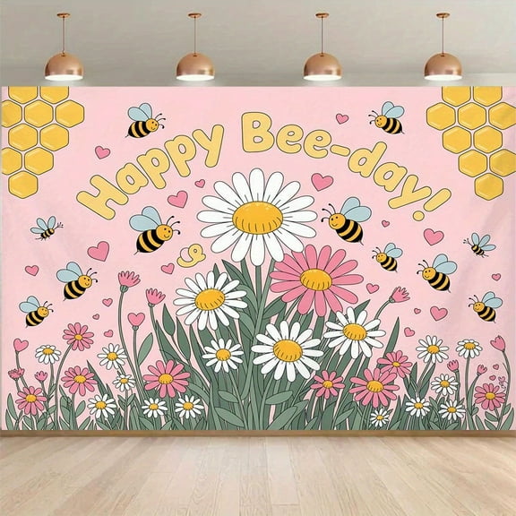 Happy Bee-Day Backdrop Yellow Honeycomb Baby Shower Photography Background Pink White Daisy Floral Birthday Bee Birthday Party Decorations Banner Supplies Photo Booth Props