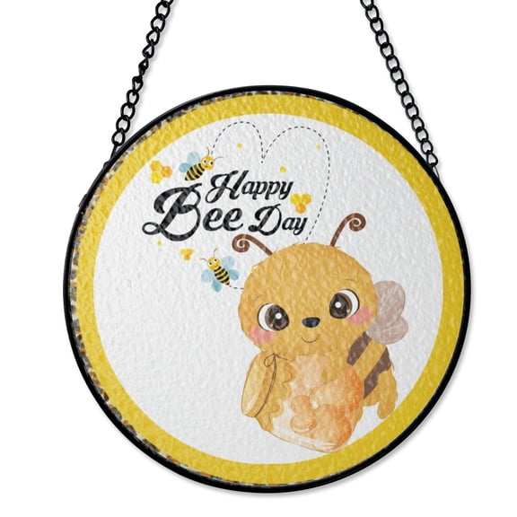 Happy Bee Day Birthday Suncatcher Stained Glass Style, UV Printed Glass, Bumblebee Party Home Decor, Round