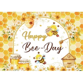 Happy Bee Day Honeycomb Backdrop Bee and Flower Birthday Party Decorations Banner Yellow and White Floral Spring Happy Birthday Baby Shower Background