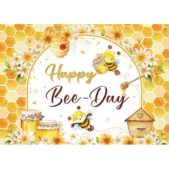 Happy Bee Day Honeycomb Backdrop Bee and Flower Birthday Party Decorations Banner Yellow and White Floral Spring Happy Birthday Baby Shower Background