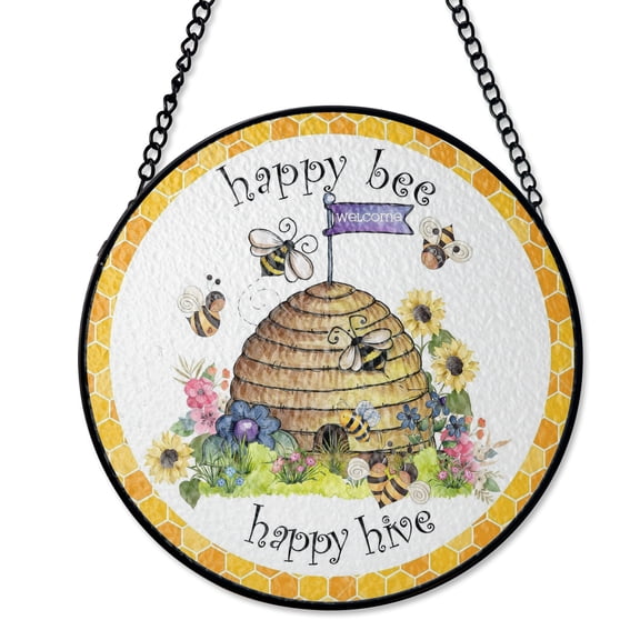 Happy Bee Flowers Stained Glass Suncatcher - Vibrant UV Printed, Round, Summer Garden Insect Nature Decor, Garden Lover Insect Fan Gift, Window Wall Outdoor Hanging