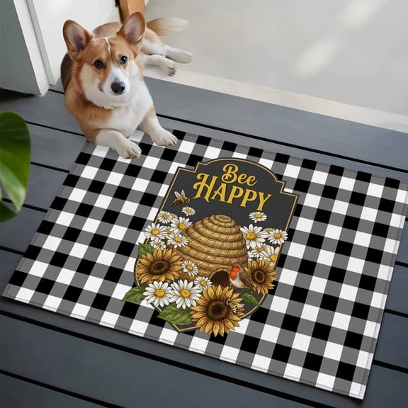 Happy Bee Front Door Rugs 2x3 ft Cartoon Bee Honeycomb White Daisy Black White Lattice Frame Small Rug for Entryway Non Slip Washable Bathroom Door Mat Absorbent Floor Mat for Indoor Entrance