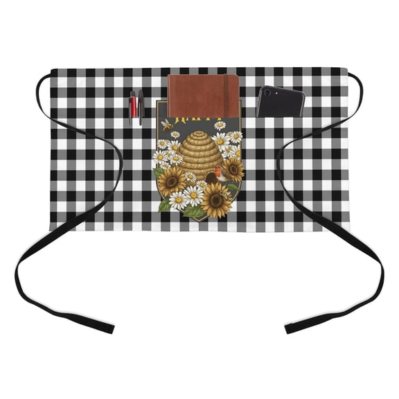 Happy Bee Half Waist Apron Cartoon Bee Honeycomb White Daisy Black White Lattice Frame Short Waiter Aprons with 3 Pockets for Women Men Kitchen Restaurant Cooking