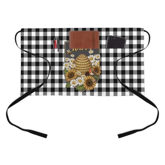Happy Bee Kitchen Restaurant Half Waist Apron, Cartoon Bee Honeycomb White Daisy Black White Lattice Frame Server Short Apron with 3 Pockets Waterproof Oil Waist Aprons for Women Waitress Waiter