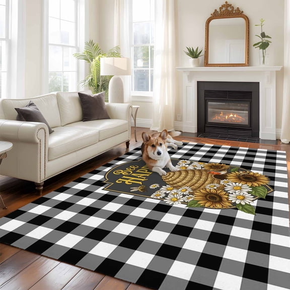 Happy Bee Large Area Rugs 5x8 ft Cartoon Bee Honeycomb White Daisy Black White Lattice Frame Washable Rug Non Slip Indoor Carpet Absorbent Floor Mat for Living Room Bedroom Dining Room