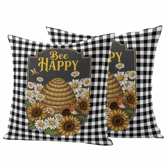 Happy Bee Outdoor Pillow Covers Pack of 2 Cartoon Bee Honeycomb White Daisy Black White Lattice Frame Waterproof Throw Pillow Covers Decorative Cushion Cases for Patio Garden Tent Balcony 26x26 inch