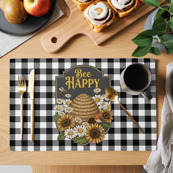 Happy Bee Placemats Set of 1, Cartoon Bee Honeycomb White Daisy Black White Lattice Frame Heat Insulated Linen Place Mats, Washable Stain-Proof Table Mats for Dining Tables Holiday Decor 13x19 Inches