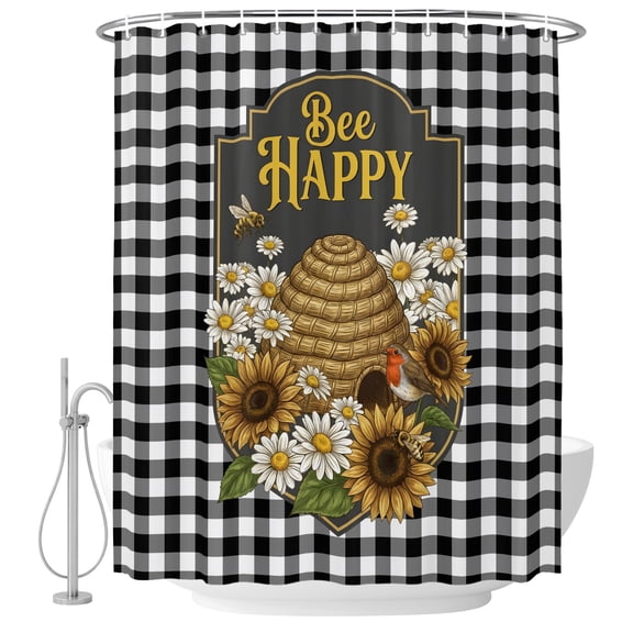 Happy Bee Shower Curtain for Bathroom, Cartoon Bee Honeycomb White Daisy Black White Lattice Frame Waterproof Cloth Fabric Bathroom Accessories Set with 10 Rust Proof Plastic Hooks, 48"x72"
