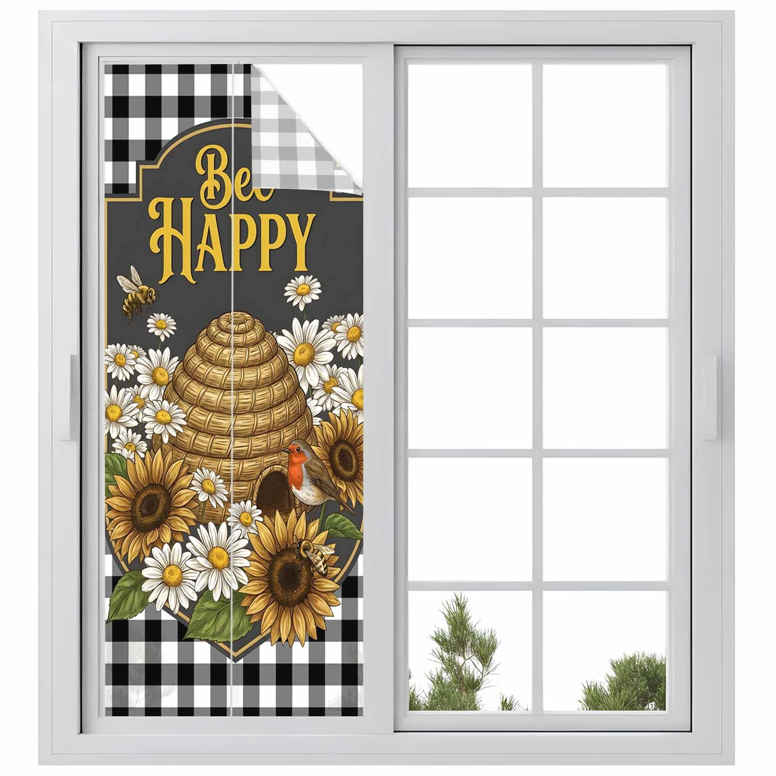 Happy Bee Window Privacy Film, Cartoon Bee Honeycomb White Daisy Black White Lattice Frame Frosted Glass Window Clings Static Cling UV Heat Blocking Reusable Door Sticker for Bathroom 23.6 x 59 Inch