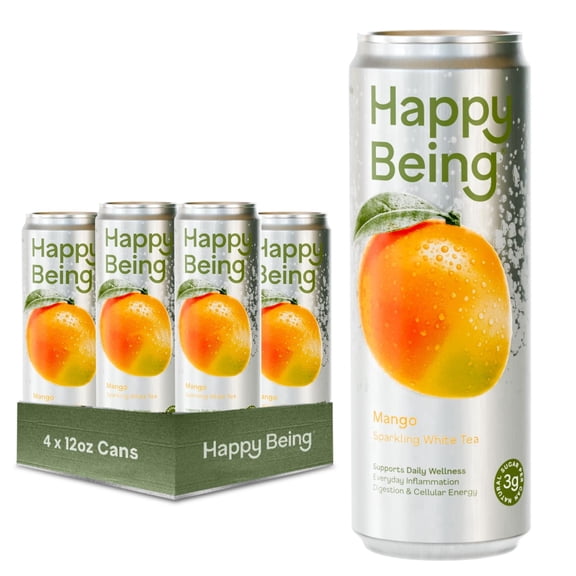 Happy Being Mango Sparkling White Tea, Antioxidant Rich, 12oz 4 Pack