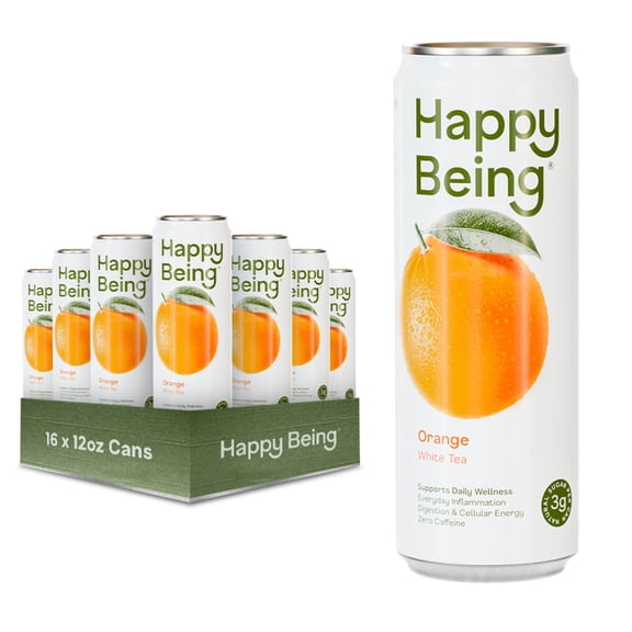 Happy Being Orange White Tea, Antioxidant Rich, Low Sugar, 12oz 16 Pack