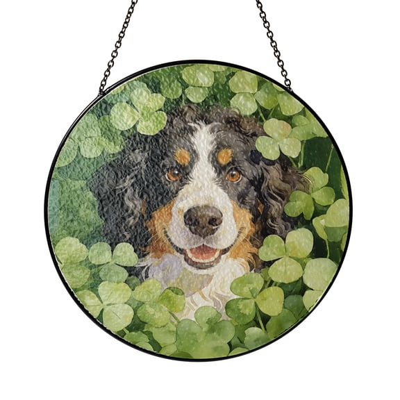 Happy Bernedoodle Welcome St Patrick's Day Lucky Shamrocks Clover Stained Glass Suncatcher Doodle Dog Lover Window Hanging Sign Decor - 22001