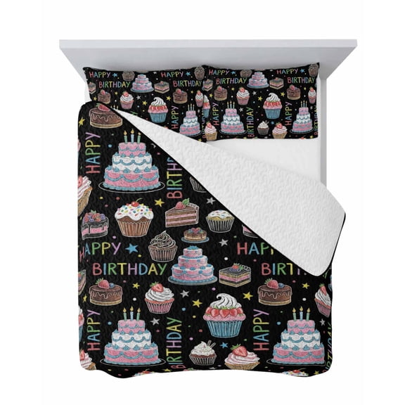Happy Birthday 3 Piece Quilt Set King Size, Joyful Party Cupcakes Colorful Birthday Cakes Soft Bedspread Coverlet Bedding Set Microfiber Lightweight Comforter Set with 2 Pillowcases for Bedroom